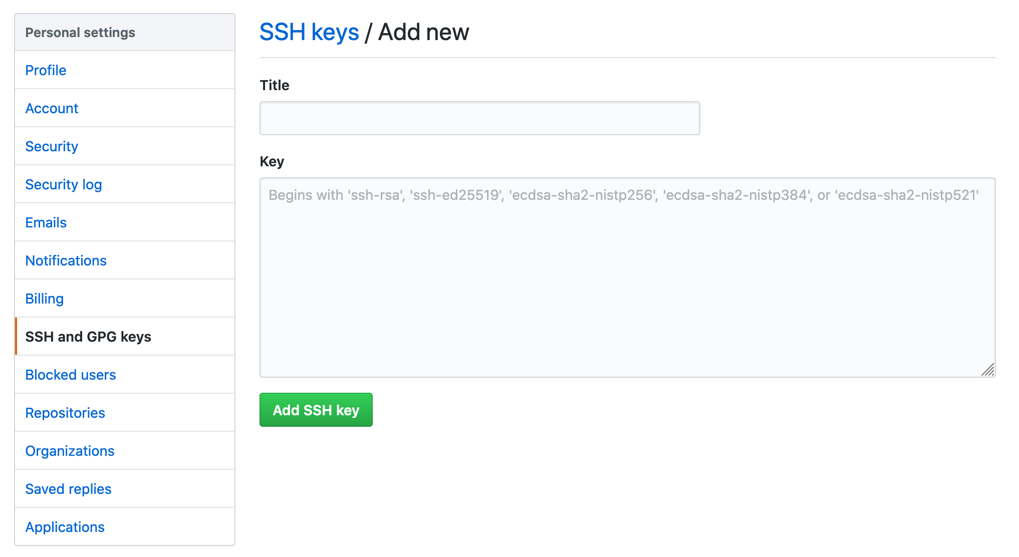 GitHub's SSH key interface